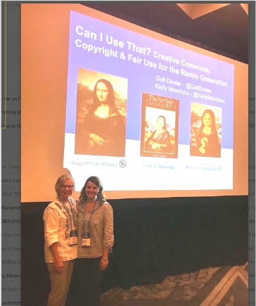 Kelly Mendoza and Gail Desler presenting on copyright, fair use, and Creative Commons at #CUE19 Conference.